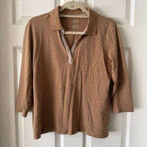 Talbots Tan Polo Top Gingham Trim 3/4 Sleeve M